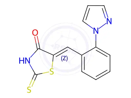 Chemical structure of (5Z)-5-{[2-(1H-pyrazol-1-yl)phenyl]methylidene}-2-sulfanylidene-1,3-thiazolidin-4-one