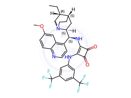Chemical structure of 3-[[3,5-bis(trifluoroMethyl)phenyl] aMino]-4-[[(8α,9S)-10,11-dihydro-6'-Methoxycinchonan-9-yl]aMino]-3-Cyclobutene-1,2-dione