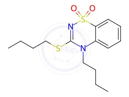 Chemical structure of 4-Butyl-3-(butylthio)-4H-benzo[e][1,2,4]thiadiazine 1,1-dioxide