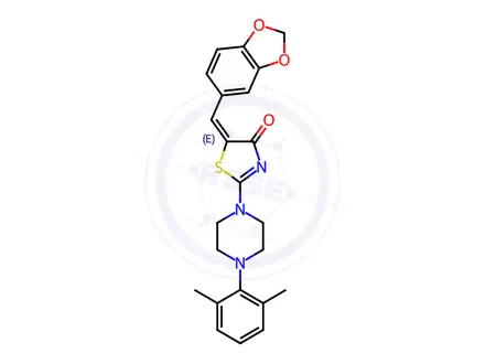 Chemical structure of (5E)-5-[(2H-1,3-Benzodioxol-5-yl)methylidene]-2-[4-(2,6-dimethylphenyl)piperazin-1-yl]-4,5-dihydro-1,3-thiazol-4-one