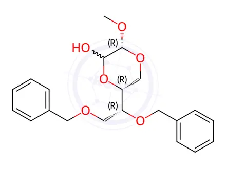 Chemical structure of (3R,6R)-6-((R)-1,2-bis(benzyloxy)ethyl)-3-methoxy-1,4-dioxan-2-ol