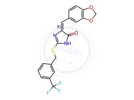 Chemical structure of (4E)-4-[(2H-1,3-Benzodioxol-5-yl)methylidene]-2-({[3-(trifluoromethyl)phenyl]methyl}sulfanyl)-4,5-dihydro-1H-imidazol-5-one