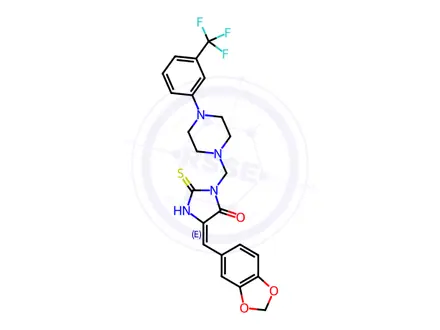 Chemical structure of (5E)-5-[(2H-1,3-Benzodioxol-5-yl)methylidene]-2-sulfanylidene-3-({4-[3-(trifluoromethyl)phenyl]piperazin-1-yl}methyl)imidazolidin-4-one