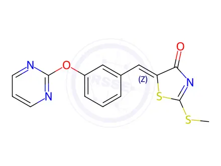 Chemical structure of (5Z)-2-(Methylsulfanyl)-5-{[3-(pyrimidin-2-yloxy)phenyl]methylidene}-4,5-dihydro-1,3-thiazol-4-one