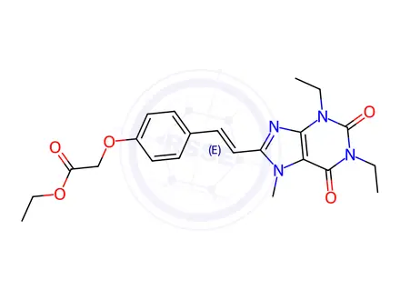 Chemical structure of Acetic acid, (4-(2-(1,3-diethyl-2,3,6,7-tetrahydro-7-methyl-2,6-dioxo-1H-purin-8-yl)ethenyl)phenoxy)-, ethyl ester, (E)-