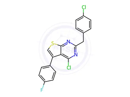 Chemical structure of 4-Chloro-2-[(4-chlorophenyl)methyl]-5-(4-fluorophenyl)thieno[2,3-d]pyrimidine