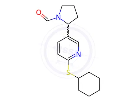 Chemical structure of 2-(6-(Cyclohexylthio)pyridin-3-yl)pyrrolidine-1-carbaldehyde