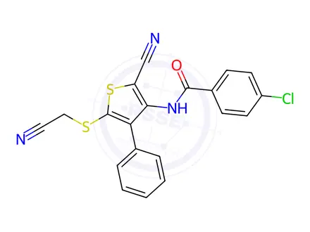 Chemical structure of 4-Chloro-N-(2-cyano-5-((cyanomethyl)thio)-4-phenylthiophen-3-yl)benzamide