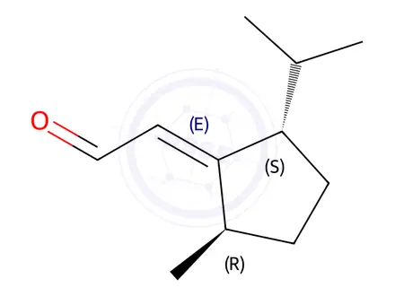 Chemical structure of Acetaldehyde, [2-methyl-5-(1-methylethyl)cyclopentylidene]-, (1E,2alpha,5ba)-(9CI)