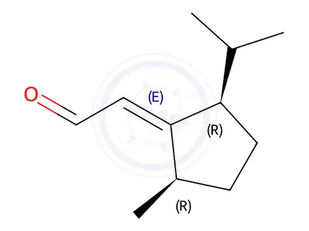 Chemical structure of Acetaldehyde, [2-methyl-5-(1-methylethyl)cyclopentylidene]-, (1E,2alpha,5alpha)-(9CI)