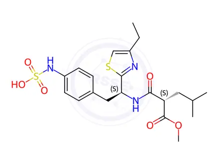Chemical structure of Pentanoic acid, 2-[[[(1S)-1-(4-ethyl-2-thiazolyl)-2-[4-(sulfoamino)phenyl]ethyl]amino]carbonyl]-4-methyl-, 1-methyl ester, (2S)-