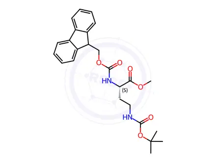 Chemical structure of Butanoic acid, 4-[[(1,1-dimethylethoxy)carbonyl]amino]-2-[[(9H-fluoren-9-ylmethoxy)carbonyl]amino]-, methyl ester, (2S)-