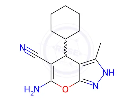 Chemical structure of 6-amino-4-cyclohexyl-3-methyl-1,4-dihydropyrano[2,3-c]pyrazole-5-carbonitrile