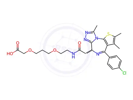 Chemical structure of Acetic acid, 2-[3-[2-[[2-[(6S)-4-(4-chlorophenyl)-2,3,9-trimethyl-6H-thieno[3,2-f][1,2,4]triazolo[4,3-a][1,4]diazepin-6-yl]acetyl]amino]ethoxy]propoxy]-