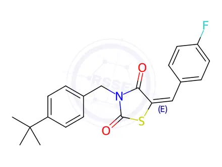 Chemical structure of (5E)-3-[(4-tert-Butylphenyl)methyl]-5-[(4-fluorophenyl)methylidene]-1,3-thiazolidine-2,4-dione