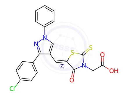 Chemical structure of 2-(5-((3-(4-Chlorophenyl)-1-phenyl-1H-pyrazol-4-yl)methylene)-4-oxo-2-thioxothiazolidin-3-yl)acetic acid