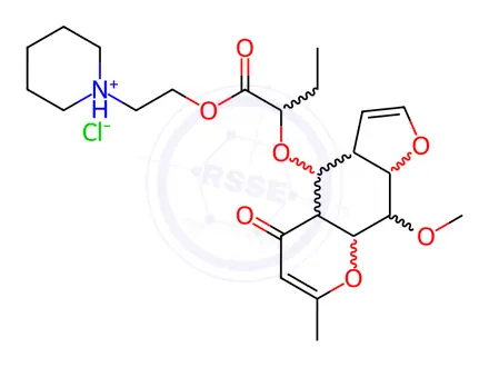 Chemical structure of Butyric acid, 2-((9-methoxy-7-methyl-5-oxo-3a,4,4a,8a,9,9a-hexahydro-5H-furo(3,2-g)(1)benzopyran-4-yl)oxy)-, 2-piperidinoethyl ester, hydrochloride
