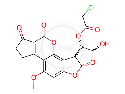 Chemical structure of Acetic acid, chloro-, 1,2,3,6a,8,9,9a,11-octahydro-9-hydroxy-4-methoxy-1,11-dioxocyclopenta[c]furo[3',2':4,5]furo[2,3-h][1]benzopyran-8-yl ester, [6aS-(6aα,8β,9α,9aα)]-(9CI)