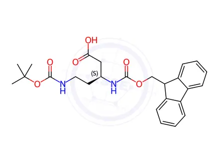 Chemical structure of (S)-N-beta-(9H-Fluoren-9-yl)MethOxy]Carbonyl N-delta-(Tert-Butoxy)Carbonyl 3,5-diaminopentanoic acid