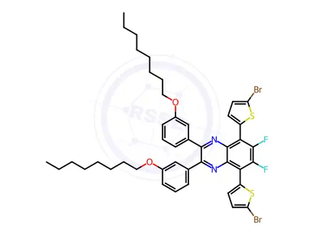 Chemical structure of Quinoxaline, 5,8-bis(5-bromo-2-thienyl)-6,7-difluoro-2,3-bis[3-(octyloxy)phenyl]-