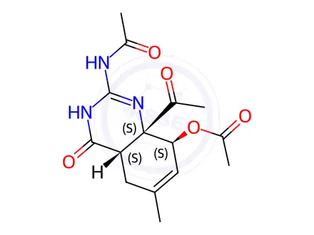 Chemical structure of (4AS,8S,8aS)-2-acetamido-8a-acetyl-6-methyl-4-oxo-1,4,4a,5,8,8a-hexahydroquinazolin-8-yl acetate