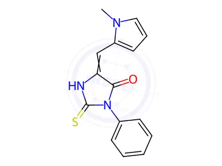 Chemical structure of (5E)-2-Mercapto-5-[(1-methyl-1H-pyrrol-2-yl)-methylene]-3-phenyl-3,5-dihydro-4H-imidazol-4-one