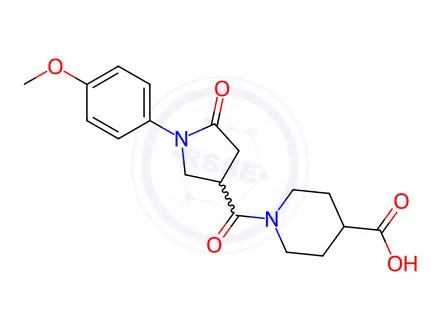 Chemical structure of 1-(1-(4-Methoxyphenyl)-5-oxopyrrolidine-3-carbonyl)piperidine-4-carboxylic acid