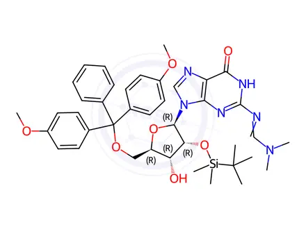 Chemical structure of Guanosine, 5'-O-[bis(4-methoxyphenyl)phenylmethyl]-N-[(dimethylamino)methylene]-2'-O-[(1,1-dimethylethyl)dimethylsilyl]-