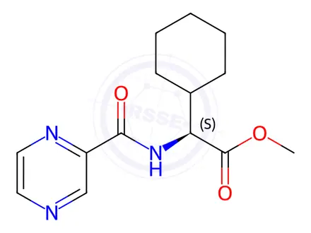 Chemical structure of (S)-methyl 2-cyclohexyl-2-(pyrazine-2-carboxamido)acetate