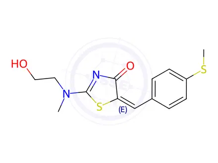 Chemical structure of (5E)-2-[(2-Hydroxyethyl)(methyl)amino]-5-{[4-(methylsulfanyl)phenyl]methylidene}-4,5-dihydro-1,3-thiazol-4-one