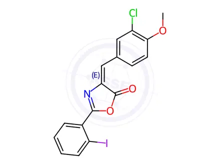 Chemical structure of (4E)-4-[(3-Chloro-4-methoxyphenyl)methylidene]-2-(2-iodophenyl)-4,5-dihydro-1,3-oxazol-5-one