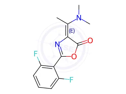 Chemical structure of (4E)-2-(2,6-Difluorophenyl)-4-[1-(dimethylamino)ethylidene]-4,5-dihydro-1,3-oxazol-5-one