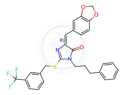 Chemical structure of (4E)-4-[(2H-1,3-Benzodioxol-5-yl)methylidene]-1-(3-phenylpropyl)-2-({[3-(trifluoromethyl)phenyl]methyl}sulfanyl)-4,5-dihydro-1H-imidazol-5-one