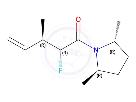 Chemical structure of Pyrrolidine, 1-(2-fluoro-3-methyl-1-oxo-4-pentenyl)-2,5-dimethyl-, [2R-[1(2R*,3R*),2alpha,5beta]]-(9CI)