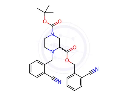 Chemical structure of 4-(2-Cyano-benzyl)-piperazine-1,3-dicarboxylic acid 1-tert-butylester 3-(2-cyano-benzyl) ester