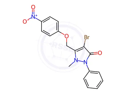 Chemical structure of 4-Bromo-1-methyl-5-((4-nitrophenoxy)methyl)-2-phenyl-1,2-dihydro-3H-pyrazol-3-one