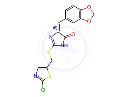 Chemical structure of (4E)-4-[(2H-1,3-Benzodioxol-5-yl)methylidene]-2-{[(2-chloro-1,3-thiazol-5-yl)methyl]sulfanyl}-4,5-dihydro-1H-imidazol-5-one
