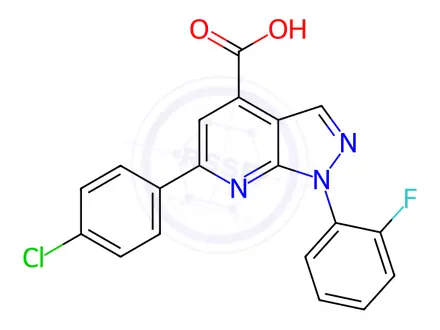 Chemical structure of 6-(4-chlorophenyl)-1-(2-fluorophenyl)-1H-pyrazolo[3,4-b]pyridine-4-carboxylic acid