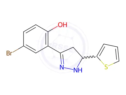 Chemical structure of 4-Bromo-2-(5-(thiophen-2-yl)-4,5-dihydro-1H-pyrazol-3-yl)phenol