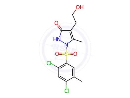 Chemical structure of 1-((2,4-Dichloro-5-methylphenyl)sulfonyl)-4-(2-hydroxyethyl)-5-methyl-1,2-dihydro-3H-pyrazol-3-one