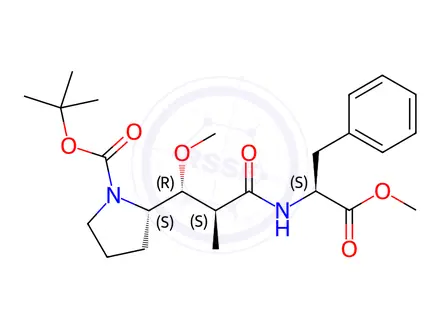 Chemical structure of 1-Pyrrolidinecarboxylic acid, 2-[(1R,2S)-1-methoxy-3-[[(1S)-2-methoxy-2-oxo-1-(phenylmethyl)ethyl]amino]-2-methyl-3-oxopropyl]-, 1,1-dimethylethyl ester, (2S)-