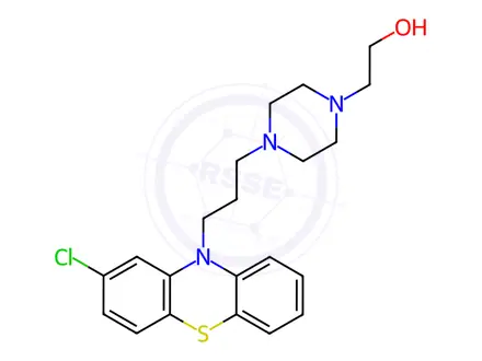 Chemical structure of 1-Piperazineethanol, 4-[3-(2-chloro-10H-phenothiazin-10-yl)propyl]-, hydrochloride (1:3)