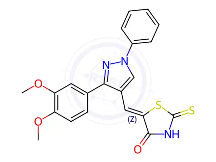 Chemical structure of (5Z)-5-{[3-(3,4-dimethoxyphenyl)-1-phenyl-1H-pyrazol-4-yl]methylidene}-2-sulfanylidene-1,3-thiazolidin-4-one