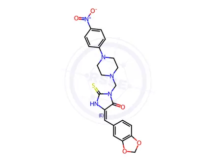 Chemical structure of (5E)-5-[(2H-1,3-Benzodioxol-5-yl)methylidene]-3-{[4-(4-nitrophenyl)piperazin-1-yl]methyl}-2-sulfanylideneimidazolidin-4-one