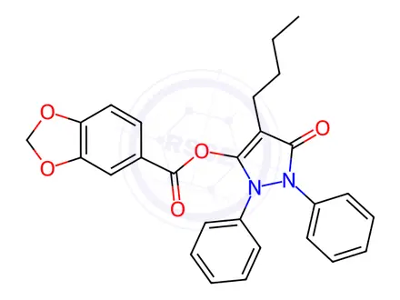 Chemical structure of 4-Butyl-5-oxo-1,2-diphenyl-2,5-dihydro-1H-pyrazol-3-yl benzo[d][1,3]dioxole-5-carboxylate