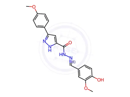 Chemical structure of (E)-N-(4-hydroxy-3-methoxybenzylidene)-3-(4-methoxyphenyl)-1H-pyrazole-5-carbohydrazide