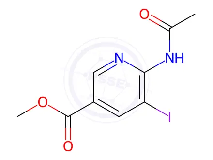 Chemical structure of N-(3-iodo-5-methylcarboxylate-2-pyridinyl)acetamide