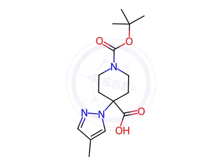 Chemical structure of 1-(tert-Butoxycarbonyl)-4-(4-methyl-1H-pyrazol-1-yl)-4-piperidinecarboxylic acid