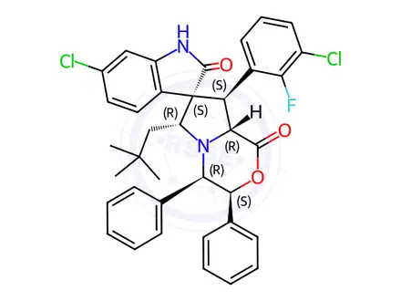 Chemical structure of (3S,3'S,4'R,6'R,8'S,8'aR)-6-Chloro-8'-(3-chloro-2-fluorophenyl)-6'-(2,2-dimethylpropyl)-3',4',8',8'a-tetrahydro-3',4'-diphenylspiro[3H-indole-3,7'(6'H)-[1H]pyrrolo[2,1-c][1,4]oxazine]-1',2(1H)-dione