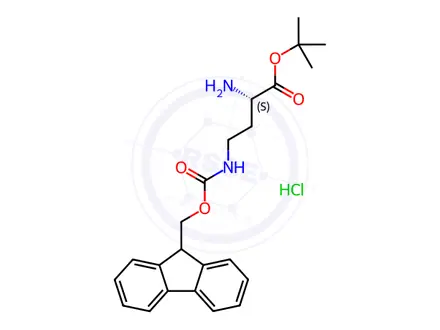 Chemical structure of Butanoic acid, 2-amino-4-[[(9H-fluoren-9-ylmethoxy)carbonyl]amino]-, 1,1-dimethylethyl ester, hydrochloride (1:1), (2S)-
